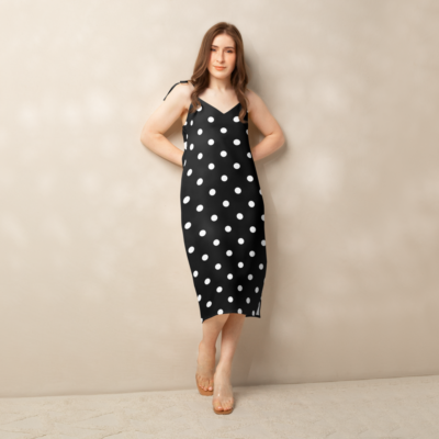 Black Spaghetti Dress With White Poka Dots